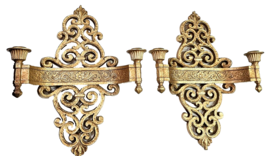 Vintage SYROCO Wall Sconce Candleholder Pair Double Arm Gold MCM Regency... - $58.99