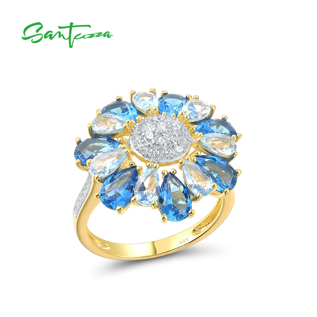 Silver Ring For Women Pure 925 Sterling Silver White Cubic Zirconia Blue Spinel  - £44.38 GBP
