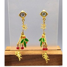 Fun Christams Shoulder Duster Earrings, Gold Tone Crystals Drop to Whimsical Hol - £40.20 GBP