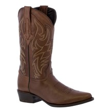 Mens Western Wear Brown Cowboy Boots Classic Embroidery Genuine Leather Snip Toe - £111.90 GBP