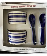 White Ceramic Dessert Bowl Set Blue White Striped Chip Pattern - $229.79 MXN