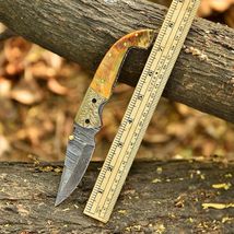 Handmade Damascus Folding Blade Pocket Knife Tactical Ram Horn Handle Hu... - $31.64