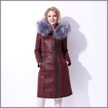 Silver Russian Fox Fur Hooded Collar Long Sleeves Plush Lined Faux Leather Coat image 3