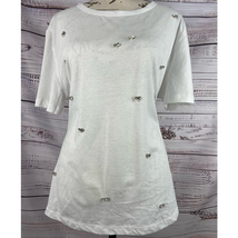 Zara White Embellished Tee Shirt Womens L Short Sleeves Cotton Semi Sheer Jewel - £12.90 GBP