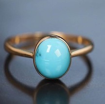 Mom Gift Turquoise Cabochon Solitaire Ring 9K Gold Bezel Anniversary Wedding Val - £1,048.95 GBP