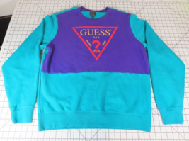 GUESS Adult Large Color Block Sweatshirt Retro Crewneck Green Purple *READ* - £25.88 GBP