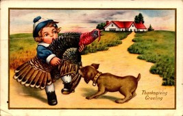 Embossed POSTCARD-THANKSGIVING GREETINGS-GIRL Keeping Live Turkey From Dog Bkc - £2.36 GBP