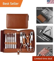 Professional 11 in 1 Manicure Set for Men - Brown Leather Travel Case In... - $47.50
