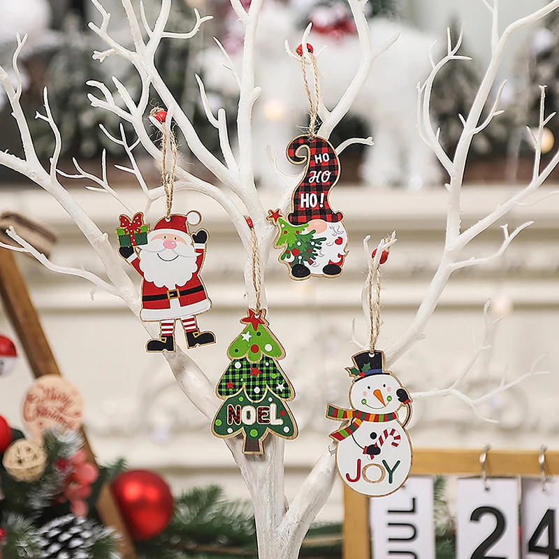 4Pcs/Set Merry Christmas Wooden Painted Pendant Xmas Tree Hanging Ornaments New - £8.75 GBP