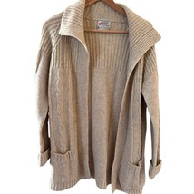 Open Chunky Cable Knit Cardigan Womens L Tan 100% Wool Comfy Winter Part... - $643.56 MXN