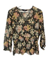Chaps Romantic Gray Multicolor Floral Semi-Sheer 3/4 Sleeve V Neck S - £18.55 GBP