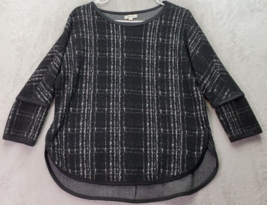 Max Studio Blouse Top Womens Small Black Plaid Polyester Long Sleeve Round Neck - £15.85 GBP