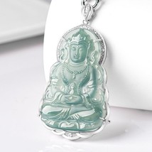 100% Untreated Genuine Blue Water kind of Jade Guanyin S925 CZ Pendant Necklace - £203.83 GBP