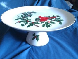 Lefton Cardinal Christmas Pedestal footed Cake cookie candy serving Plate  - £15.53 GBP