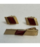 Vintage Anson Cufflinks and Tie Clip Set Gold Tone Red Glass - $24.38 CAD