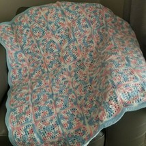 Pink Blue White Pastel Handmade Crochet Afghan Blanket 46&quot; x 42&quot;  Nice Warm - £21.41 GBP