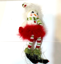 Handcrafted Snow Woman Christmas Ornament Feathers Yarn Styrofoam 9&quot; Tall - £11.53 GBP