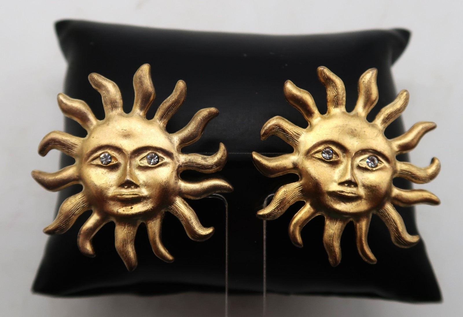 Vtg Gold Tone Anthropomorphic Sun Clip-on Earrings W/ White Rhinetone Eyes - $14.99