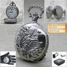 Pocket Watch Silver Color for Men Water Bird Design Arabic Number Fob Ch... - $20.50