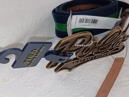 POLO RALPH LAUREN MEN NAVY/GREEN LEATHER LARGE LOGO BRASS BUCKLE BELT 40... - $1,666.96 MXN