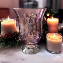 Lenox Amethyst Crystal Hurricane Candle Holder Vase Etched Cranberry Etchings  - £38.17 GBP