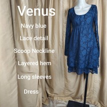 Venus Navy Blue Lace Detail Neckline Long Sleeves Dress Size XS - £20.78 GBP