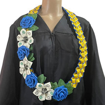 Graduation Money Lei Flower Crisp Bills Blue &amp; Yellow Gold Four Braided ... - $74.25