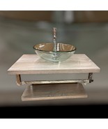 Weathered Finish Wood and Tempered Glass Floating Wall Mounted Bathroom ... - $753.23 CAD