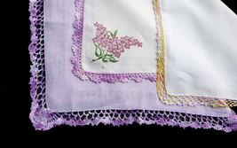 Lot of Three  (3) Pretty Linen Handkerchiefs Crochet Lace Yellow Pink La... - £9.29 GBP