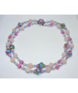 Vintage 16&quot; Blue Art Glass Necklace Pink Enamel Flowers 16-F - $1,844.37 MXN