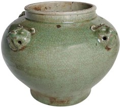 Jar Vase 4 Lion Head Handle Crackled Celadon Green Ceramic Handmade - £290.37 GBP