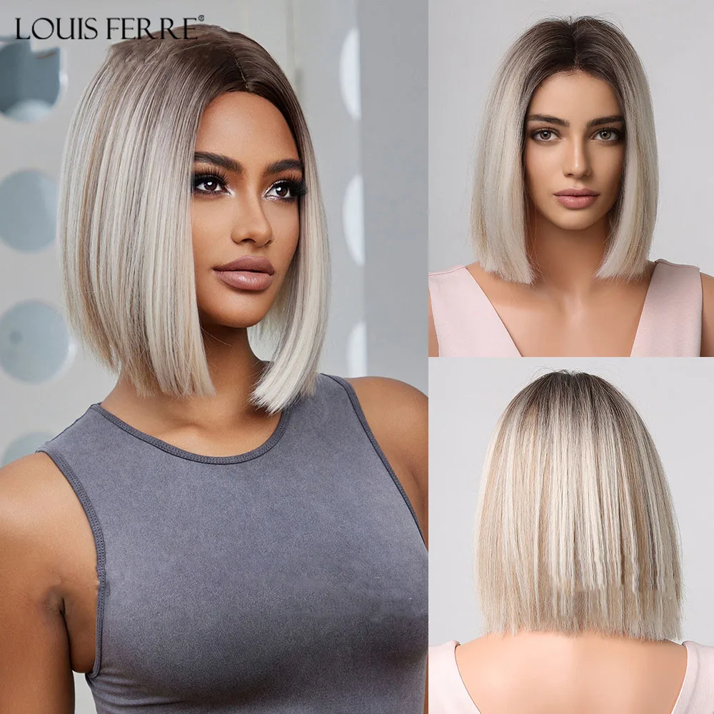 LOUIS FERRE Short Blonde Bob Synthetic Wigs With Dark Root Shoulder Length - £14.98 GBP+