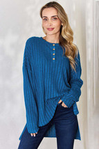 Basic Bae Full Size Ribbed Half Button Long Sleeve High-Low T-Shirt - £20.24 GBP