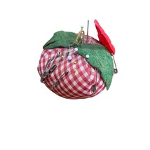 Vintage Gingham Tomato Pin Cushion with Safety Pins &amp; Pins - $214.92 MXN