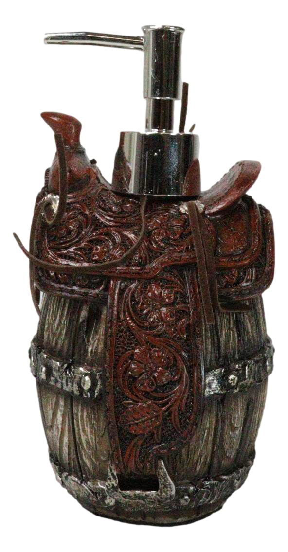 Rustic Western Faux Leather Cowboy Horse Saddle On Barrel Soap Pump Disp... - $21.99