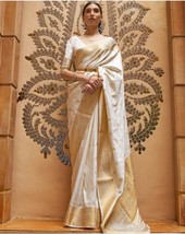 Elegant White Gold Kanjivaram Silk Saree  with unstiched blouse Wedding ... - £27.79 GBP