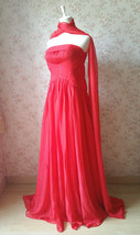Elegant Red Strapless Sheer Mermaid Maxi Dress Chiffon Sheath Red Evenin... - $139.00