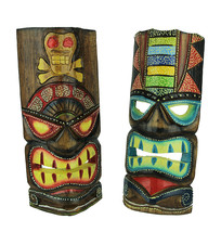 12 inch Tall Hand Crafted Wooden Tiki Totem Wall Mask Set of 2 - £28.96 GBP