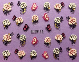 Nail Art 3D Decal Stickers Pretty Pink Gold Flowers and Butterflies BLE911D - £2.63 GBP