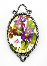 Vintage Etched Pewter Hand Painted Floral Stone Brooch - £12.42 GBP