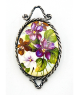 Vintage Etched Pewter Hand Painted Floral Stone Brooch - £12.51 GBP