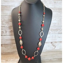 Vintage Necklace Long Gold Tone &amp; Red Statement Necklace - £10.81 GBP