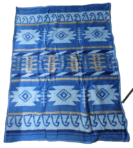 Vtg San Marcos Blanket Throw Blue Mexican Southwestern Aztec 60&quot; x 80&quot; Washable - $65.00