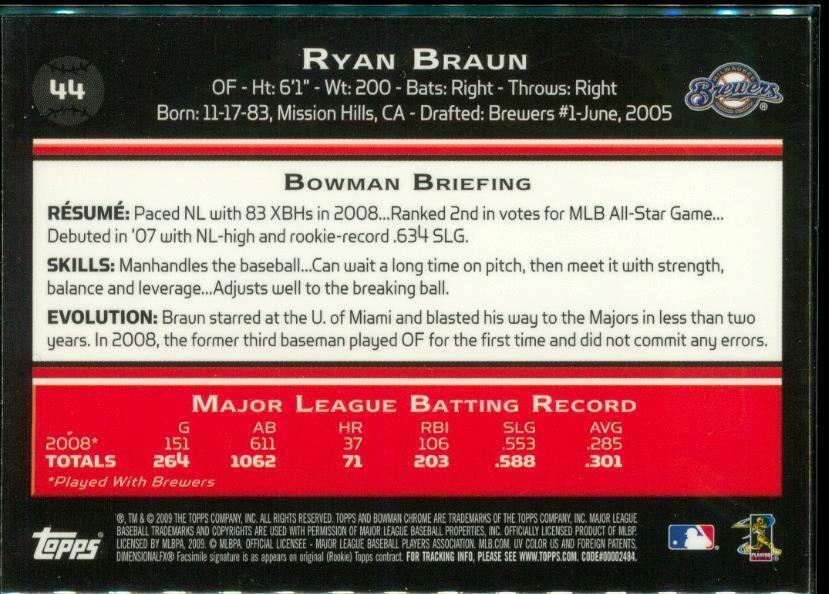 2009 Baseball Trading Card TOPPS Bowman Chrome #44 RYAN BRAUN Milwaukee Brewers Item image 2