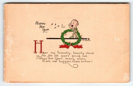 New Years Day Postcard E. Weaver Man Giant Wreath Music Notes Holiday Gr... - £8.73 GBP