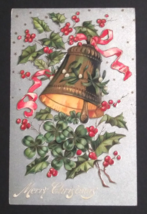 Merry Christmas Bell Holly Berries Silver Embossed Postcard c1911 Germany - $7.99