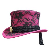 Steampunk Black Crusty Band Pink Leather Ladies Top Hat - £240.47 GBP