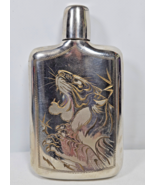 Vintage Etched Silver Tiger Flask Possible Gold Inlay with Lid &amp; Cap RARE - $599.95