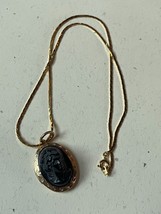 Vintage Goldtone Chain w Oval Locket w Carved Black Dimensional Plastic Cameo Pe - £14.75 GBP