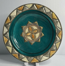 Rare Vintage Safi Style Pottery Footed Metal &amp; Agate Inlay decorative dish - £51.39 GBP
